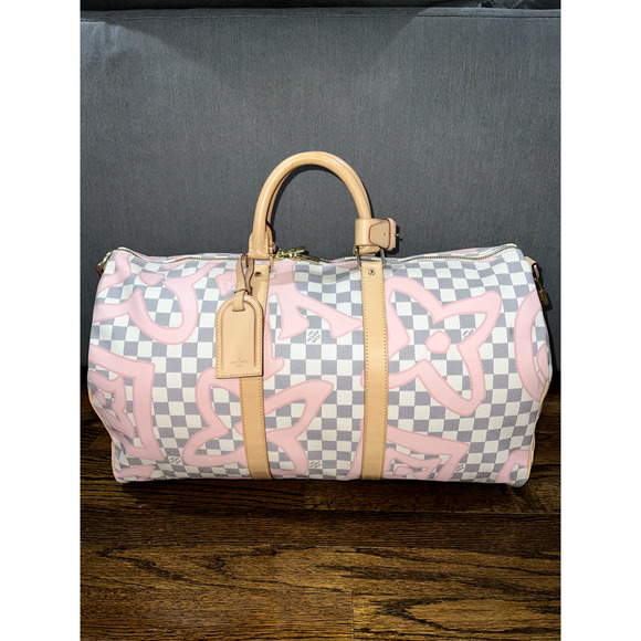 Louis Vuitton Keepall Bandouliere 50 Tahitienne Pink Damier Azur Travel Bag - Picture 2 of 11